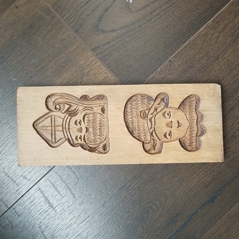 Santa and snowman cookie mold, vintage wooden with hole for hanging on back.